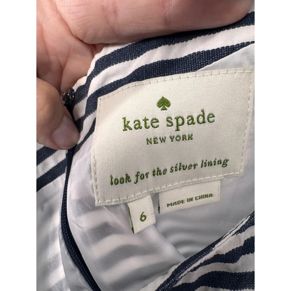 Kate Spade Striped Bow Dress Womens 6 Navy White Cotton Sleeveless‎ Knee Length